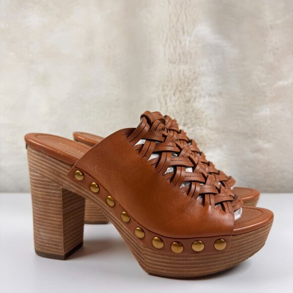 Michael Kors Tan Leather Woven Platform Mules With Brass Stud Accents Womens Siz - Picture 1 of 6